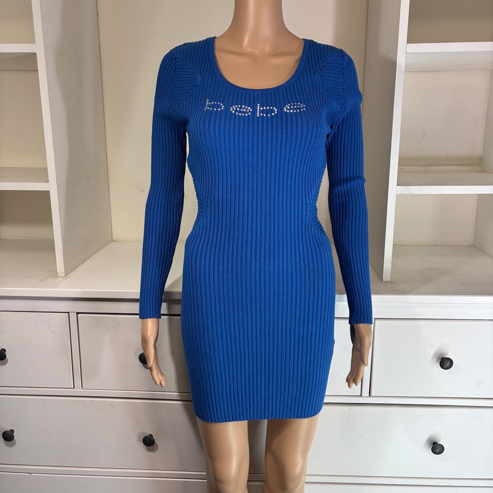Bebe Ribbed Knit Long Sleeve Mini Dress Rhinestone Logo Blue S/P